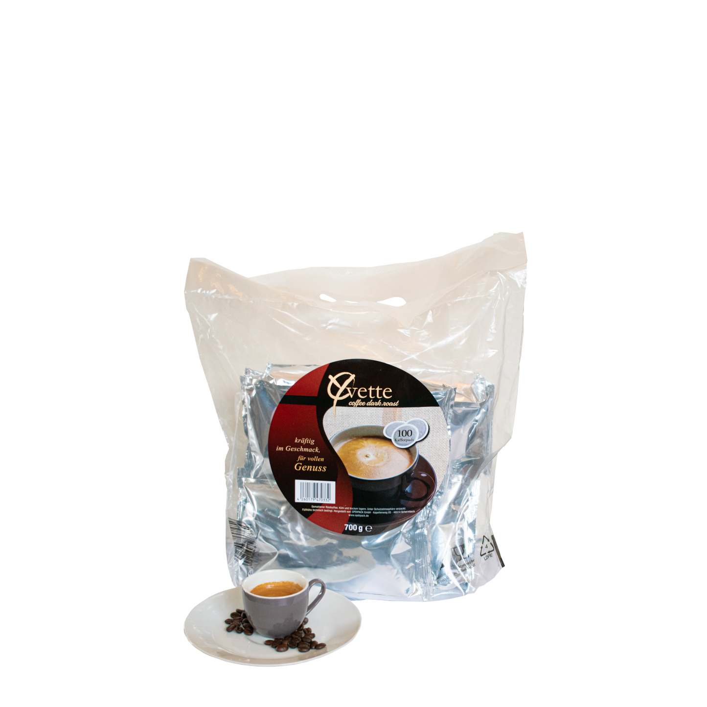 Kaffeepads Vorteilspackung Dark Espresso mit Espresso Tasse