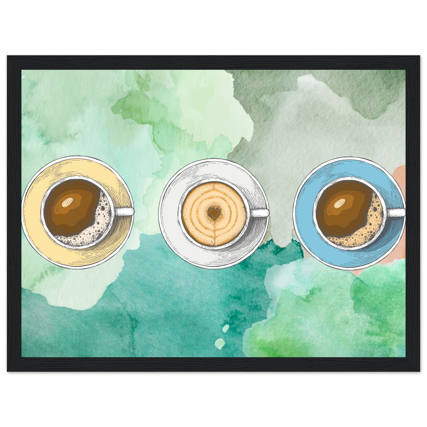 Ein Bild im Schwarzem Rahmen mit buntem Hintergrund in Wasserfarben. Im Vordergrund Sind Drei Tassen Kaffe. Eine Tasse Beige, Weiß und Blau.