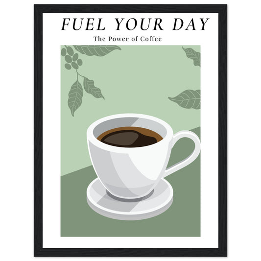 Ein Bild im Schwarzen Rahmen mit einer Tasse Kaffee auf einem Grünfarbigen Hintergrund mit Arabica Blätter als Akzente. Oben mittig des Bildes steht: "FUEL YOUR DAY" mit der Unterschrift "The Power of Coffee"