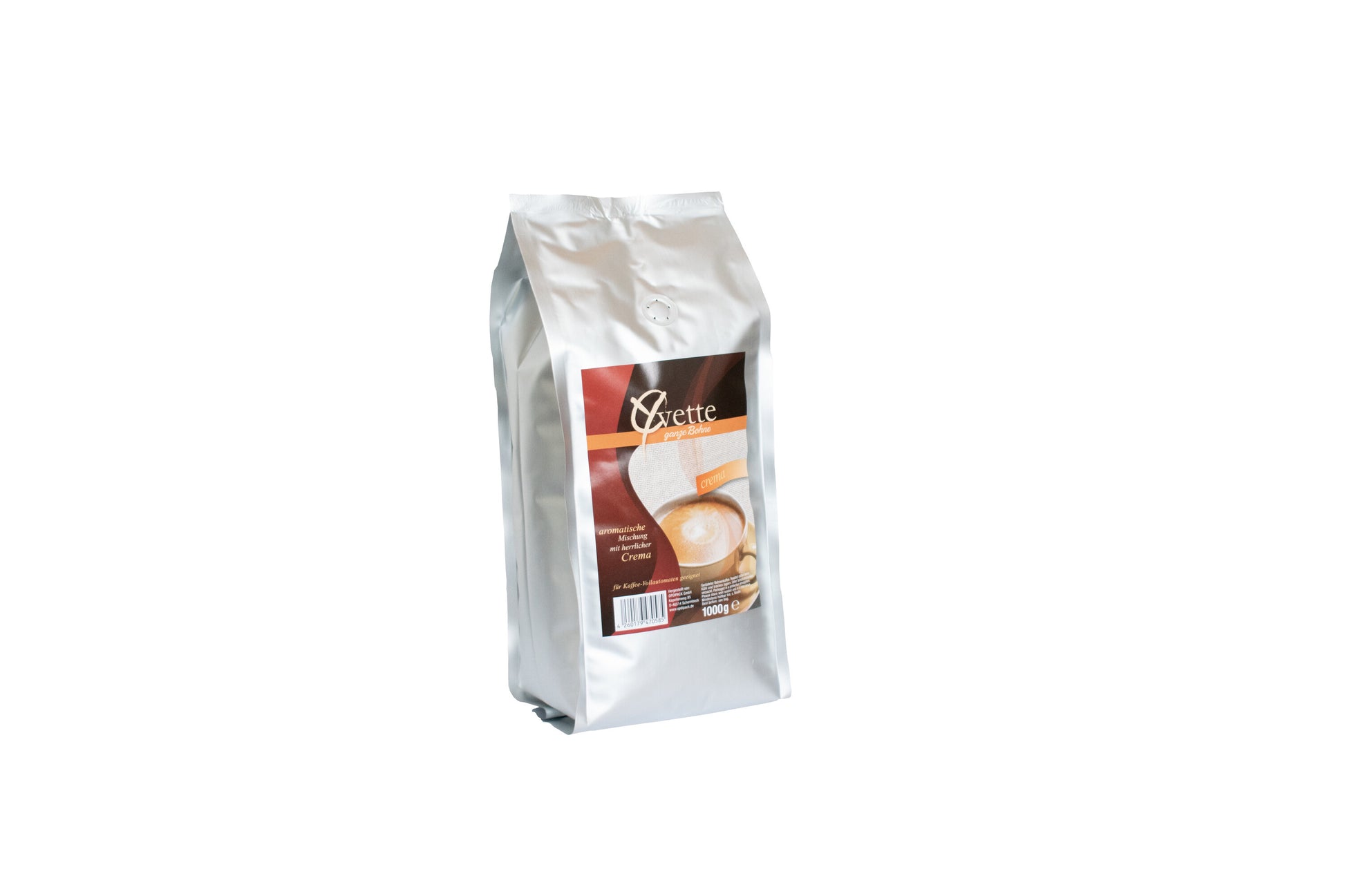 Ein leicht gedrehter silberner Beutel mit 1000g frisch gerösteten Crema-Kaffeebohnen der Marke Yvette Kaffee. Der Beutel zeigt das Logo der Marke und die Produktbezeichnung. Auf dem Etikett ist eine Tasse Kaffee, die ein Gefühl von Frische und Qualität vermitteln.