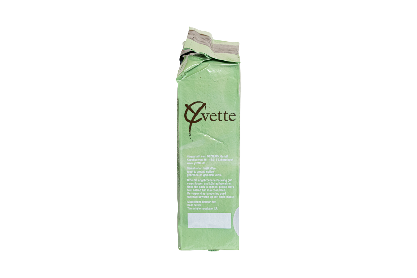 500g gemahlener Filterkaffee der Sorte Classic der Marke Yvette Kaffee Seite der Verpackung mit Produktinformationen