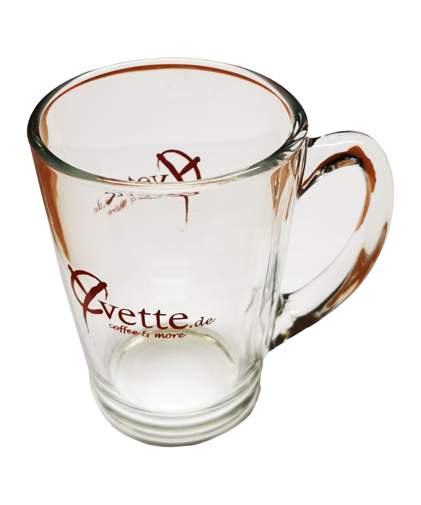 Tee Tasse aus Glas mit rotem Yvette Logo