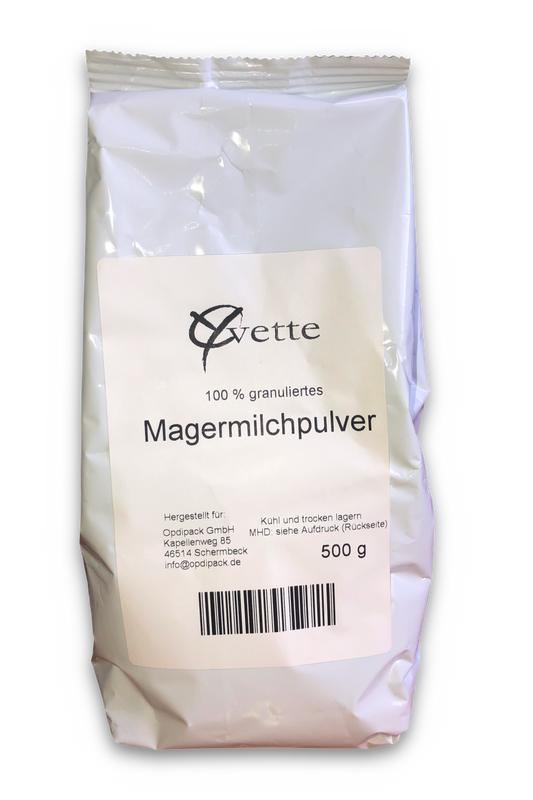 Weiße Verpackung mit 500g Yvette Magermilchpulver Frontansicht