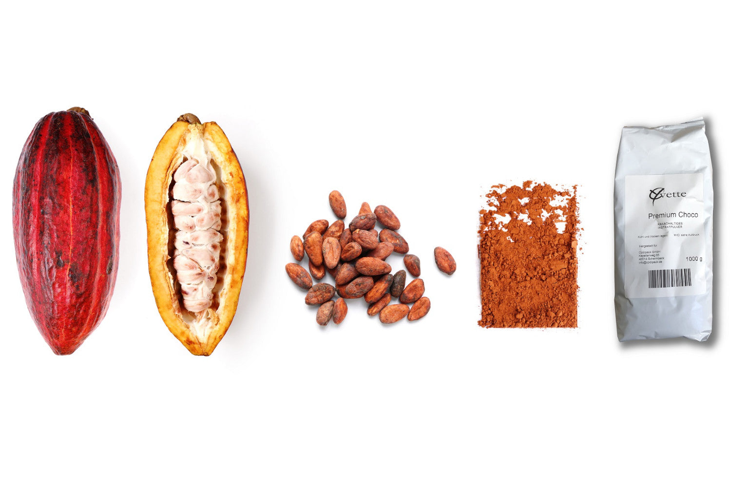 Entwicklung von Frischer Kakaobohne zur geschälten Kakaobohne zu Kakaopulver bis in die Verpackung